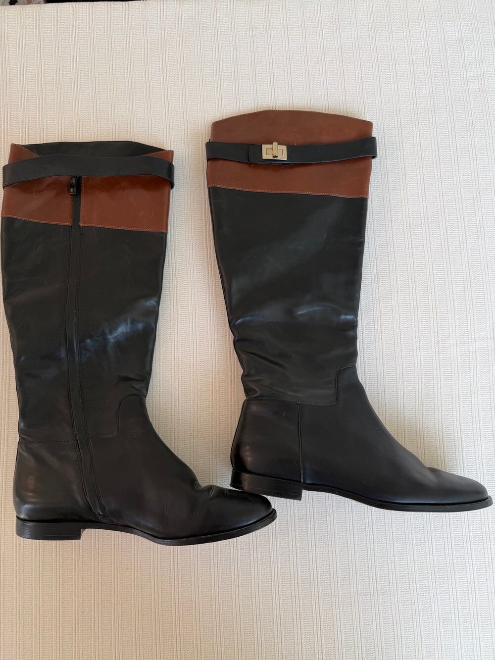 Cole Haan Black Brown Leather Turnlock Knee High Riding Boots Size 8.5